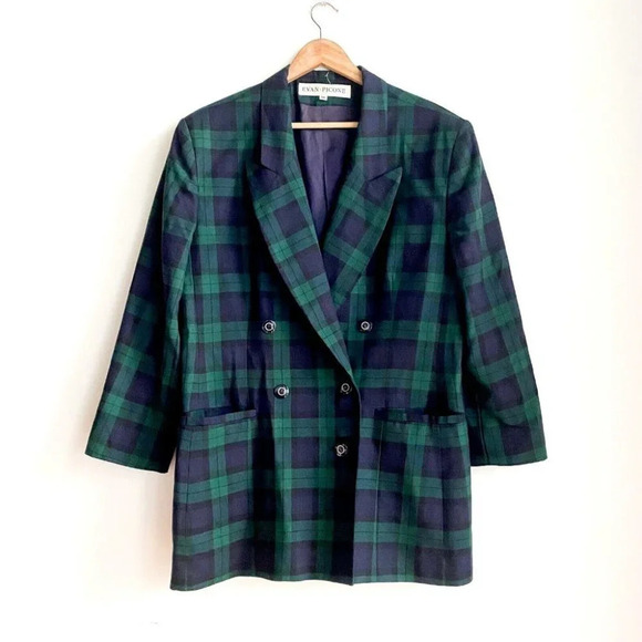 Vintage Evan Picone All Wool Black-watch  Plaid Double Breasted Blazer 16 - Picture 1 of 7